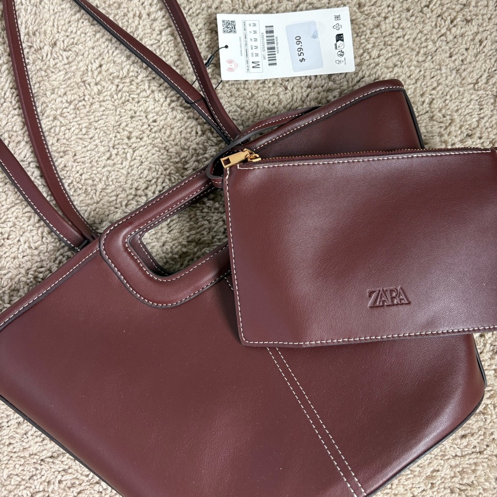 Zara Heritage Bucket Shoulder Brown Burgandy Leather Tote Bag Purse